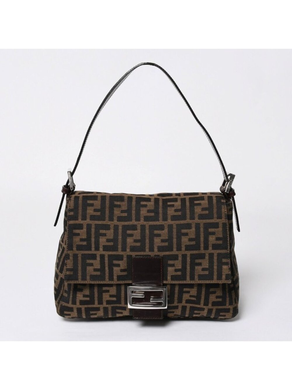 Fendi Zucca Pattern Mamma Bucket Shoulder Bag Canvas Leather Brown FF Buckle